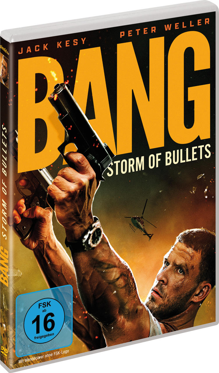 DVD-Cover für 'BANG: Storm of Bullets'. Ein Mann hält zwei Pistolen, ein Hubschrauber im Hintergrund und der Titel in großen orangefarbenen Buchstaben.