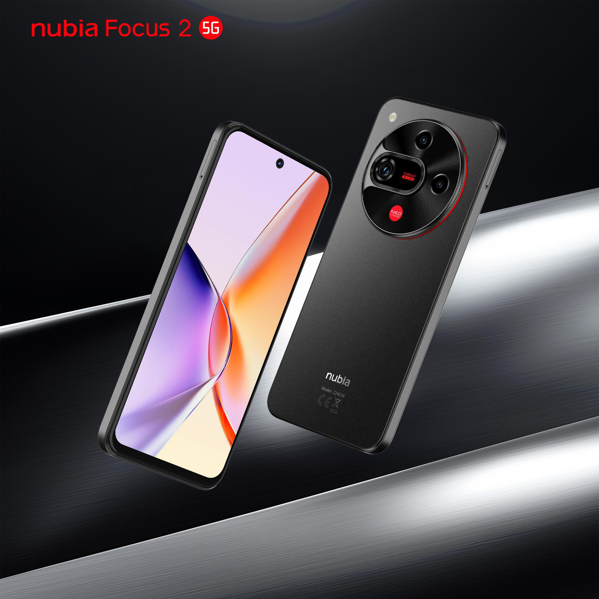 Zwei schwarze nubia Focus 2 5G-Telefone. Eines zeigt den Bildschirm mit farbenfroher Anzeige, das andere die Rückseite mit Kameras.