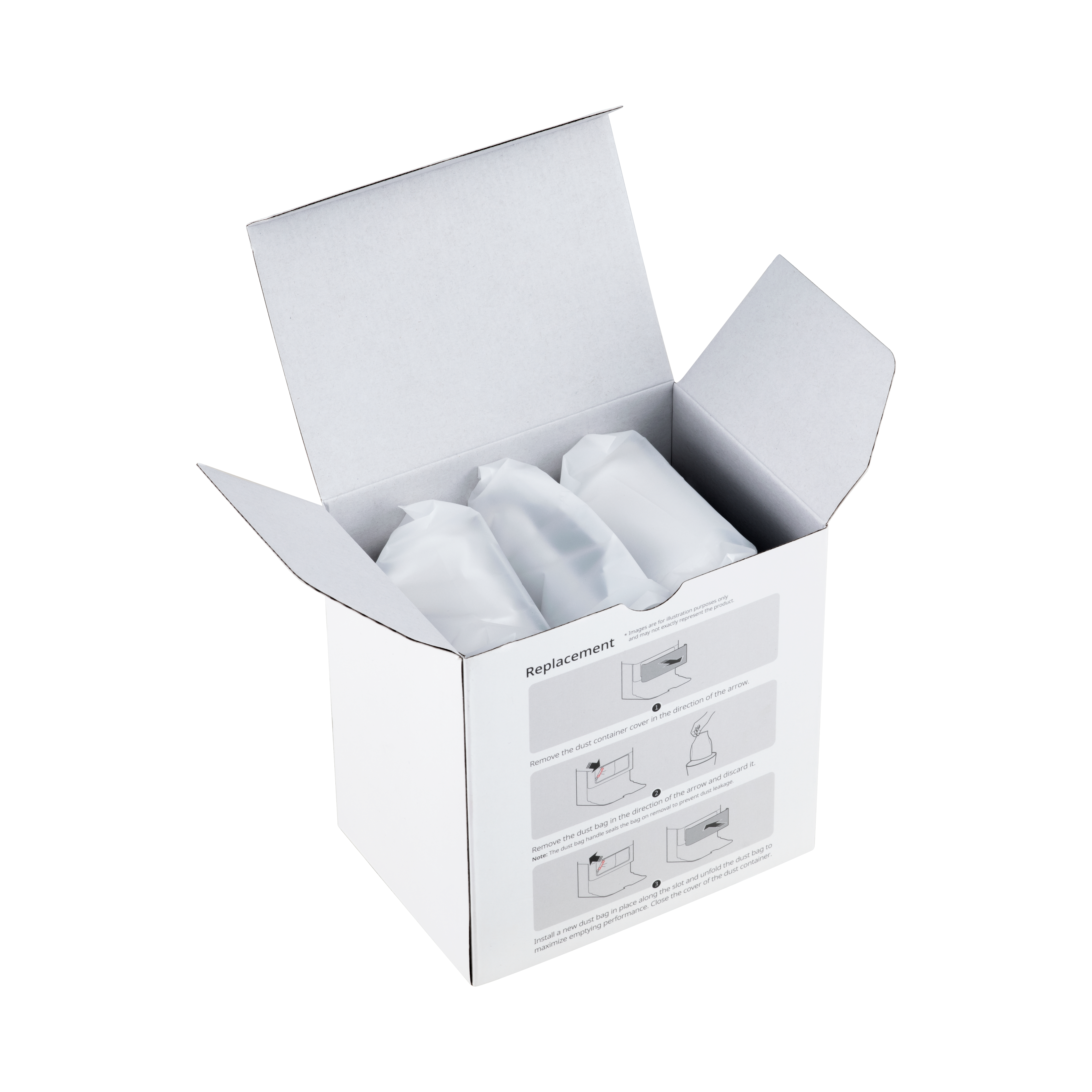 Eine weiße Box ist geöffnet und zeigt drei verpackte Artikel. Anweisungen zum Austausch sind auf der Box.