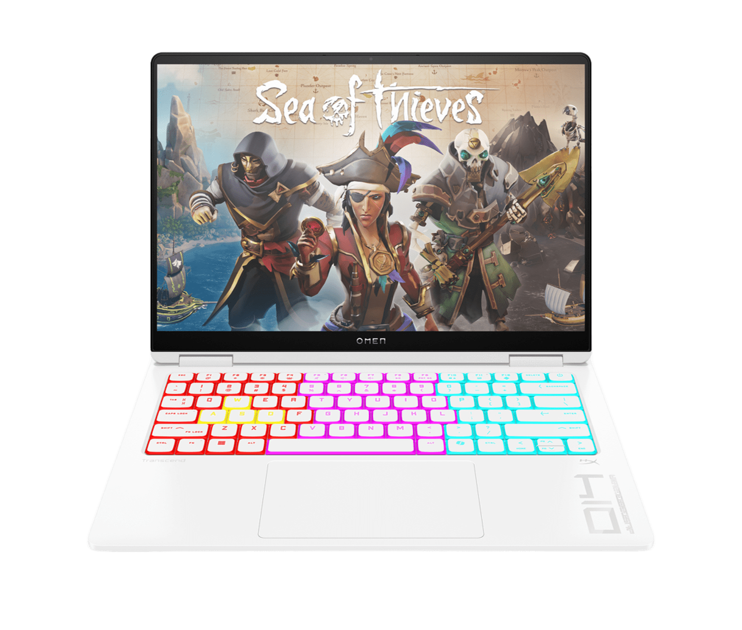 Un portátil Omen blanco muestra el juego Sea of Thieves. El teclado se ilumina con varios colores.
