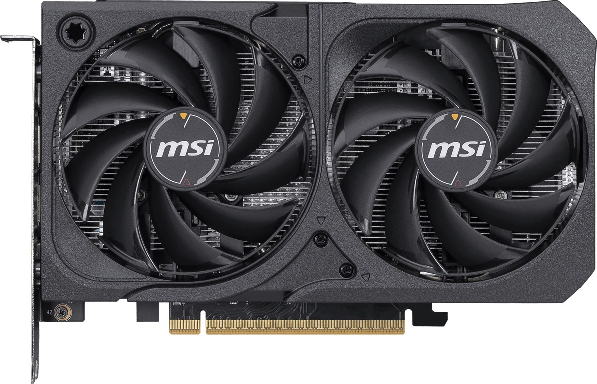 İki büyük fanlı siyah bir MSI grafik kartı. Her fanın çoklu kanatları vardır ve MSI logosu ortadadır.