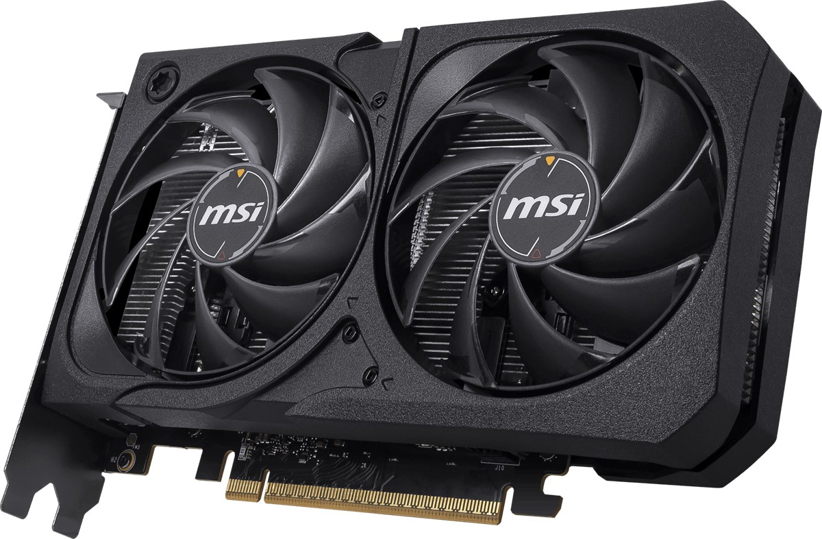 İki fanlı siyah MSI grafik kartı, her birinde MSI logosu bulunur. Kartta soğutucular ve bir devre kartı vardır.