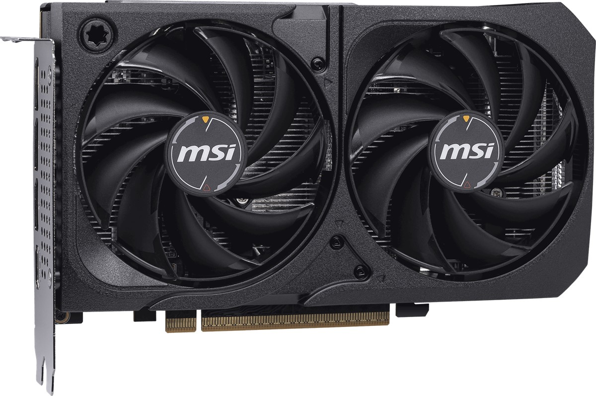 İki fanlı siyah bir MSI grafik kartı. Fanlarda MSI logosu var. Kartta metal bir braket ve altın renkli konektörler bulunuyor.