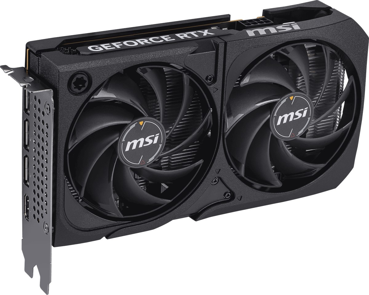İki fanlı siyah MSI Geforce RTX grafik kartı. Kartta MSI logosu ve GEFORCE RTX adı bulunuyor.