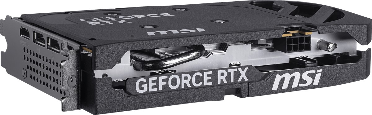 Siyah bir MSI GeForce RTX grafik kartı. Çoklu bağlantı noktaları, bir fan ve MSI ve GeForce RTX logoları vardır.