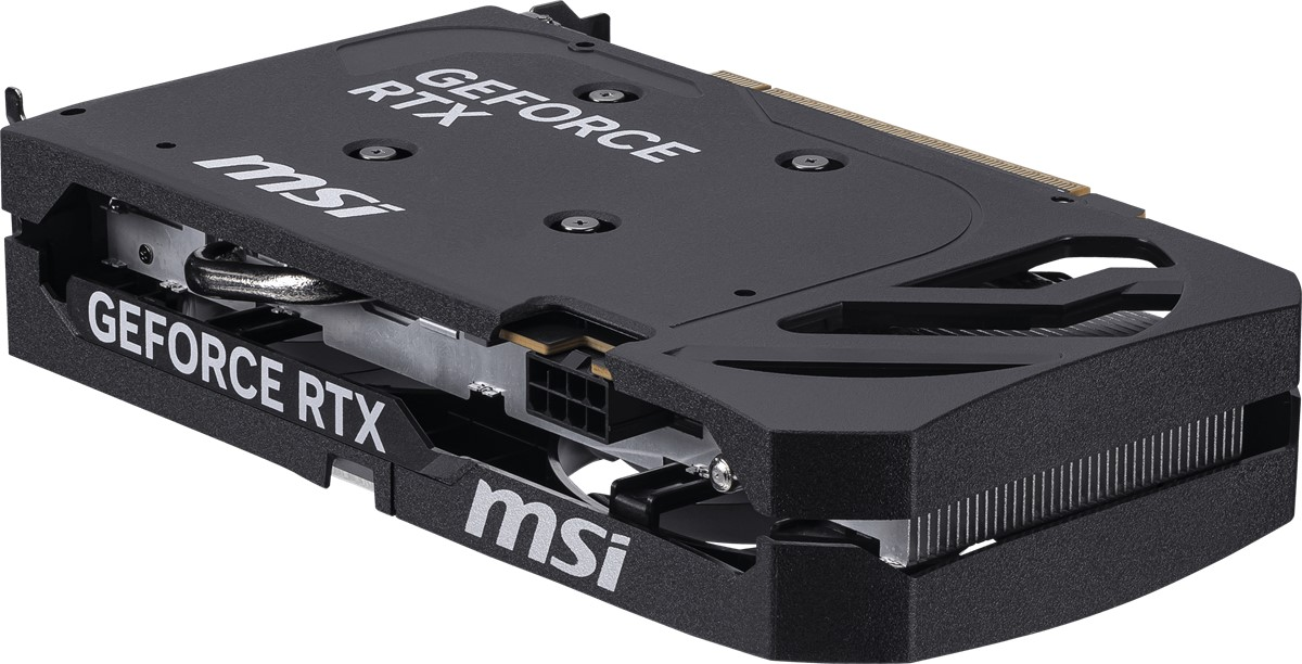Siyah bir MSI GeForce RTX grafik kartı. Kartta bir fan, bir soğutucu ve güç konektörleri bulunur. "GEFORCE RTX" metni görünür.