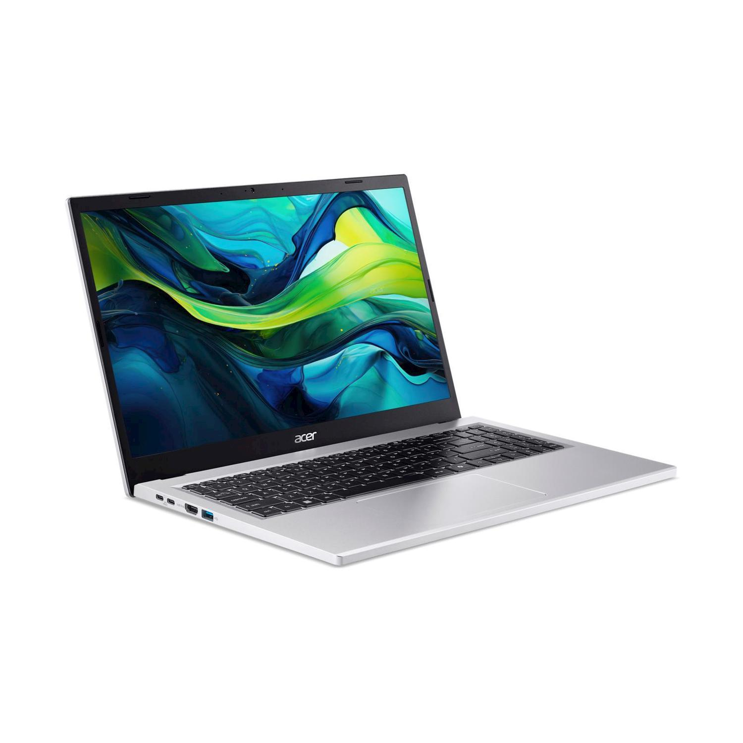 Laptop Acer argentato su sfondo bianco. Lo schermo mostra forme astratte verdi, blu e gialle. Tastiera visibile. Logo sullo schermo.