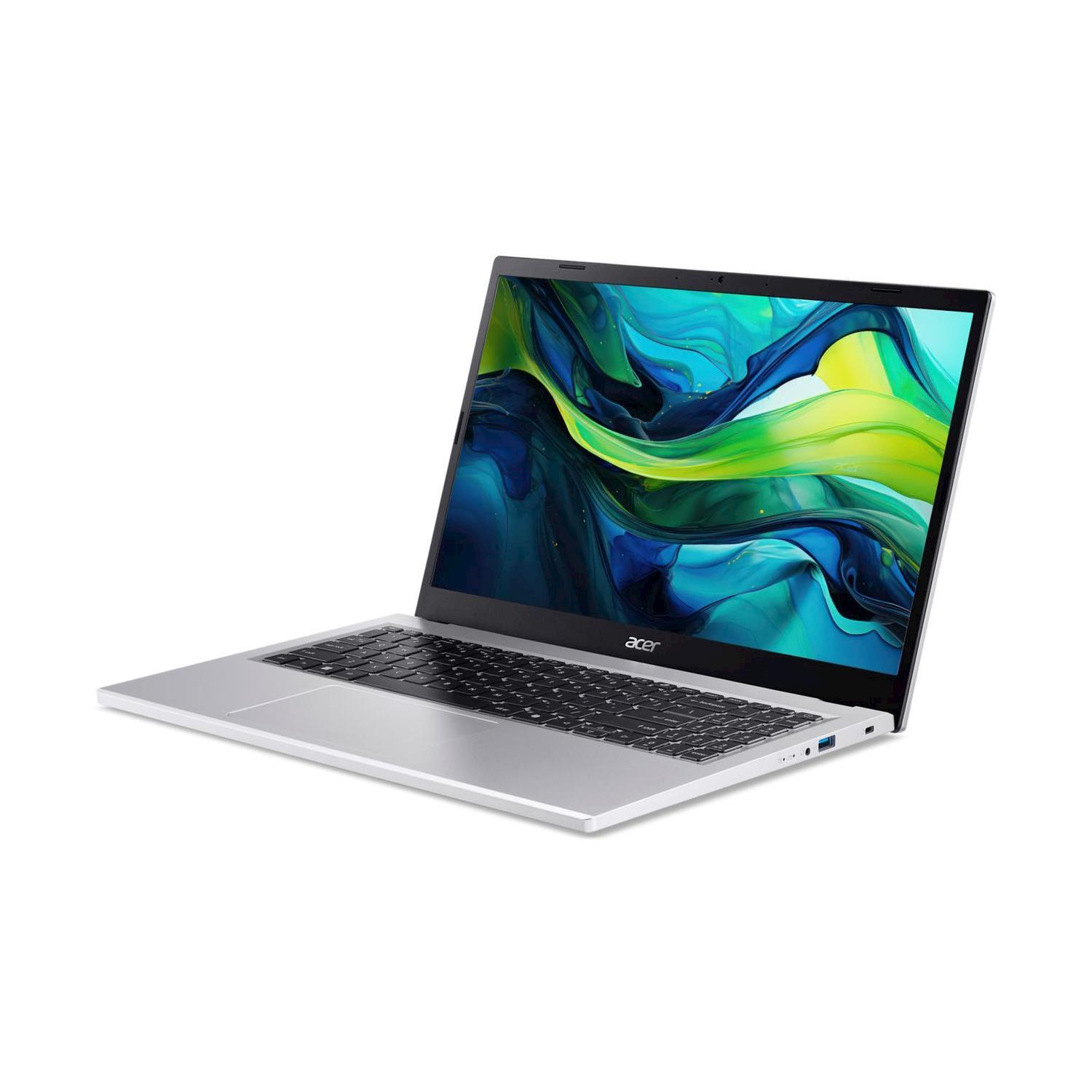 Laptop Acer argentato aperto su sfondo bianco. Lo schermo mostra arte astratta blu, verde e gialla.