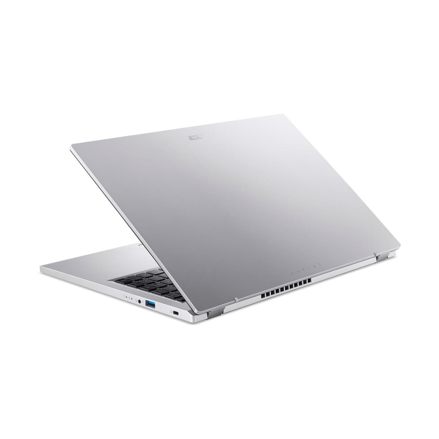 Un laptop argentato è aperto su una superficie bianca. La tastiera è visibile e lo schermo è inclinato all'indietro. Il logo Acer è in alto.