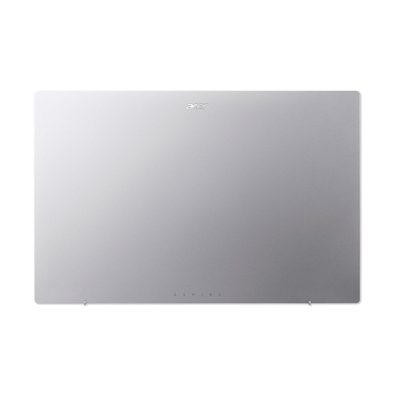 Un coperchio per laptop argentato con il logo Acer in alto e 'Aspire' in basso. Lo sfondo è bianco.