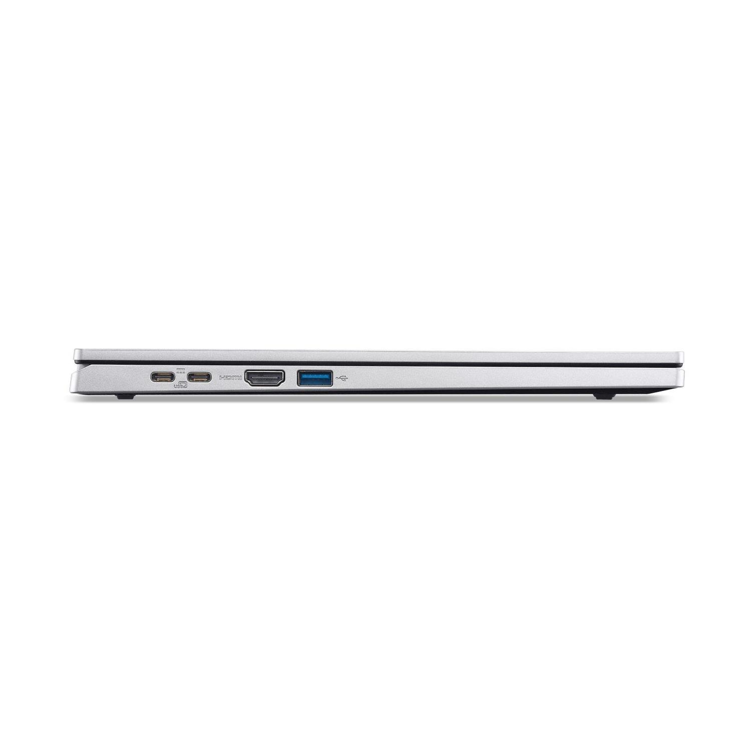 Vista laterale di un laptop argentato con porte USB, HDMI, USB-C e alimentazione. Sfondo bianco.