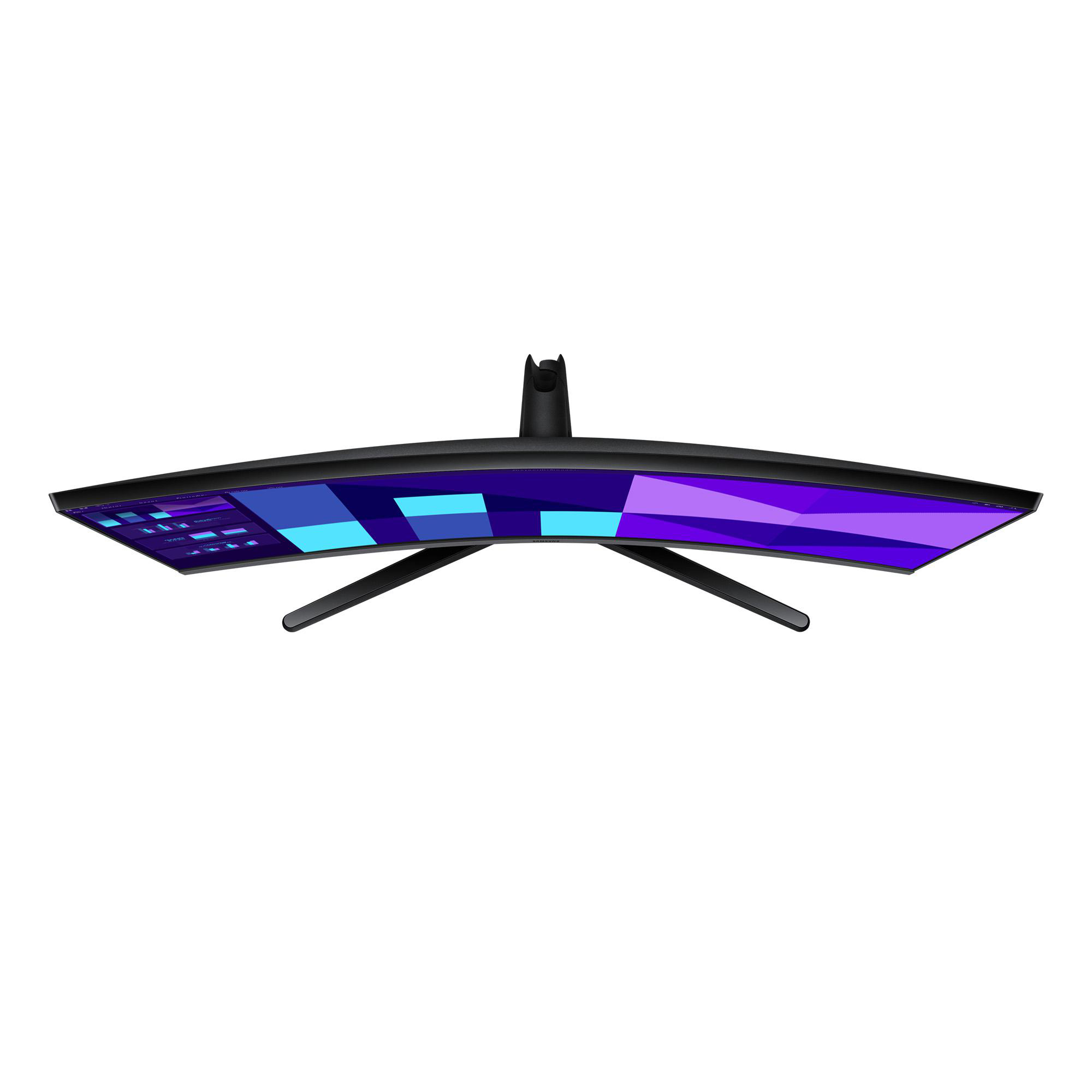 Gebogener Monitor, schwarzer Rahmen, mit blauem und violettem geometrischen Design auf dem Bildschirm, schwarzer Ständer, weißer Hintergrund.