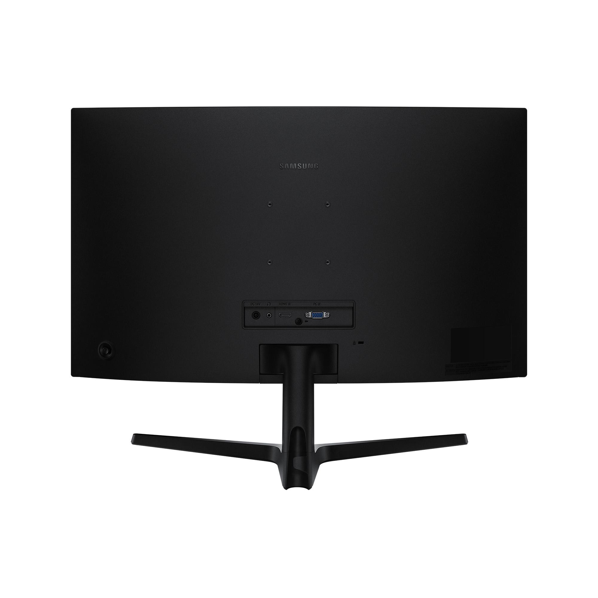 Rückansicht eines schwarzen Samsung-Monitors mit sichtbaren Anschlüssen und Ständer. Der Monitor steht vor weißem Hintergrund.