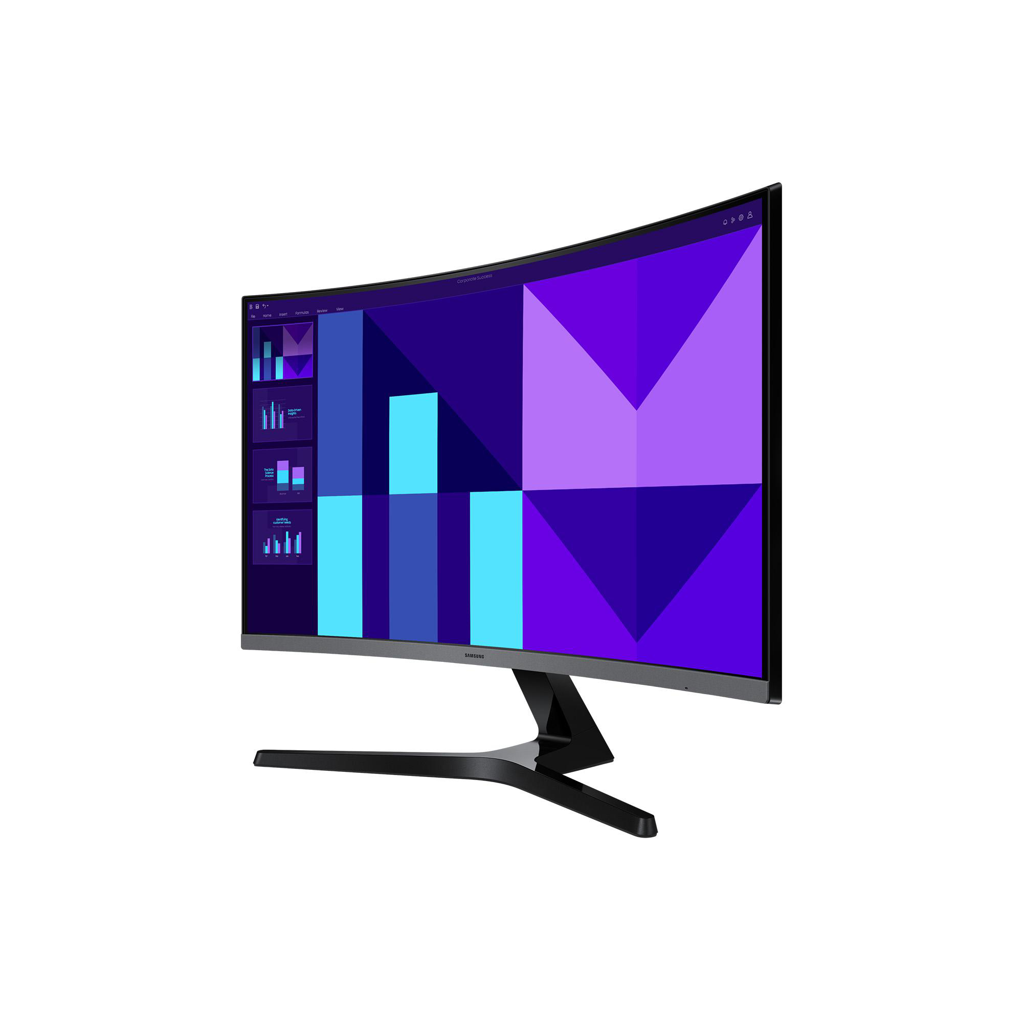 Gebogener Monitor mit Diagrammen und Grafiken. Der Bildschirm hat eine schwarze Blende und befindet sich auf weißem Hintergrund.