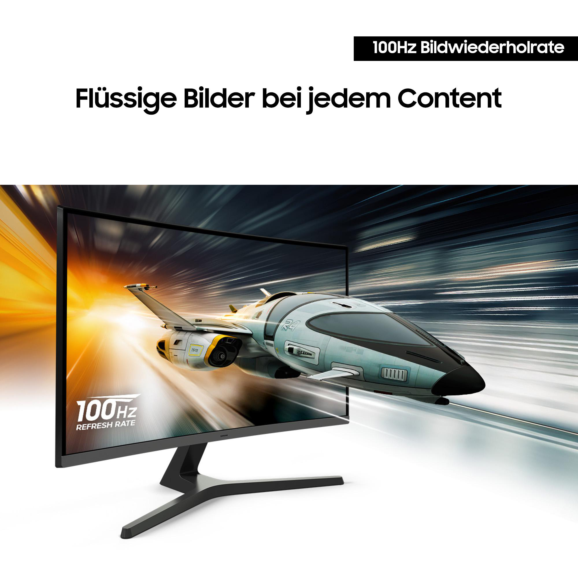 Ein Monitor zeigt ein Raumschiff in Bewegung, mit Text zur Bildwiederholfrequenz und flüssigen Bildern. Die Szene hat ein futuristisches Gefühl.