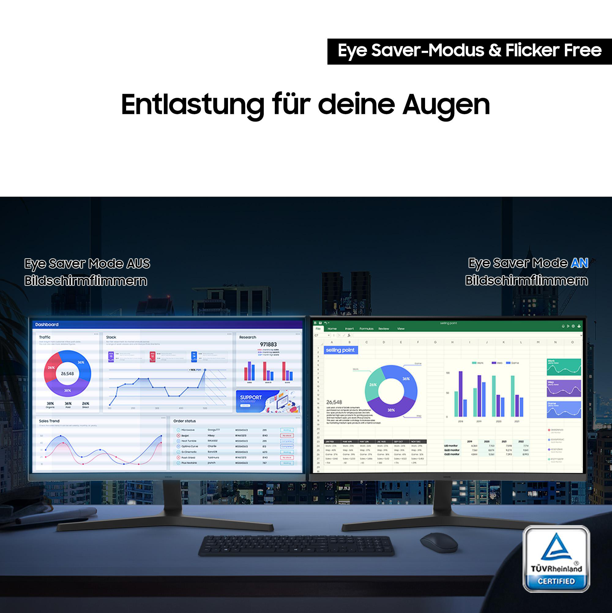Zwei Computermonitore zeigen Daten. Oben steht 'Eye Saver-Modus & Flicker Free'.
