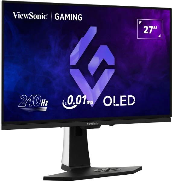 Bir ViewSonic oyun monitörü. Siyah ve gümüş bir standı var. Özellikleri arasında 240Hz, 0,01ms ve OLED bulunur. Ekran 27" diyor.