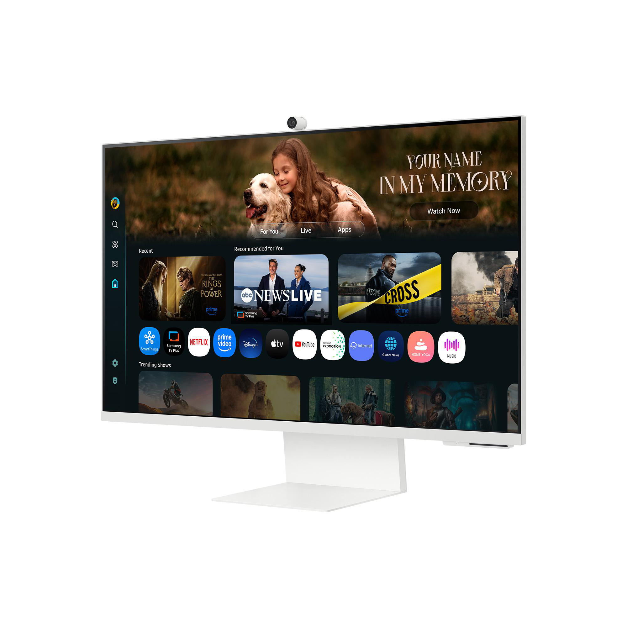 Weißer Monitor zeigt TV-Oberfläche. Der Bildschirm zeigt Apps und Sendungen wie Netflix und Prime Video. Der Monitor hat eine Kamera.