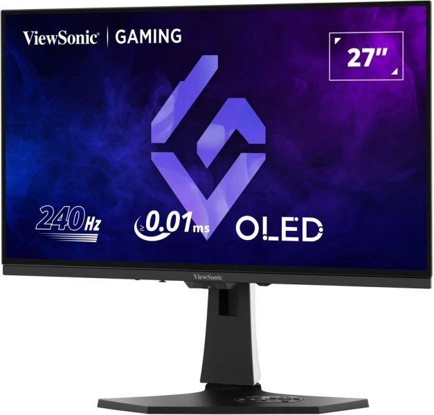 Bir ViewSonic oyun monitörü 27", 240Hz ve 0.01ms gösteriyor. Siyah bir standı ve logosu var. Ekran mor ve mavi bir degradeye sahip.