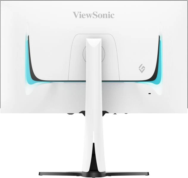 Beyaz bir ViewSonic monitörünün arka görünümü. Beyaz bir standı ve siyah bir tabanı var. Arka panelde mavi vurgular var.