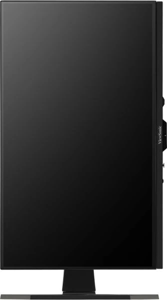 Siyah bir bilgisayar monitörü dikey olarak görüntüleniyor, koyu bir ekran ve altta bir stand var. ViewSonic logosu görünür.