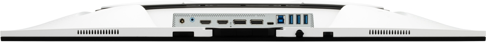 Ses, HDMI, USB ve güç girişi bağlantı noktalarına sahip beyaz bir monitörün arkası. Siyah bir tabanı var.
