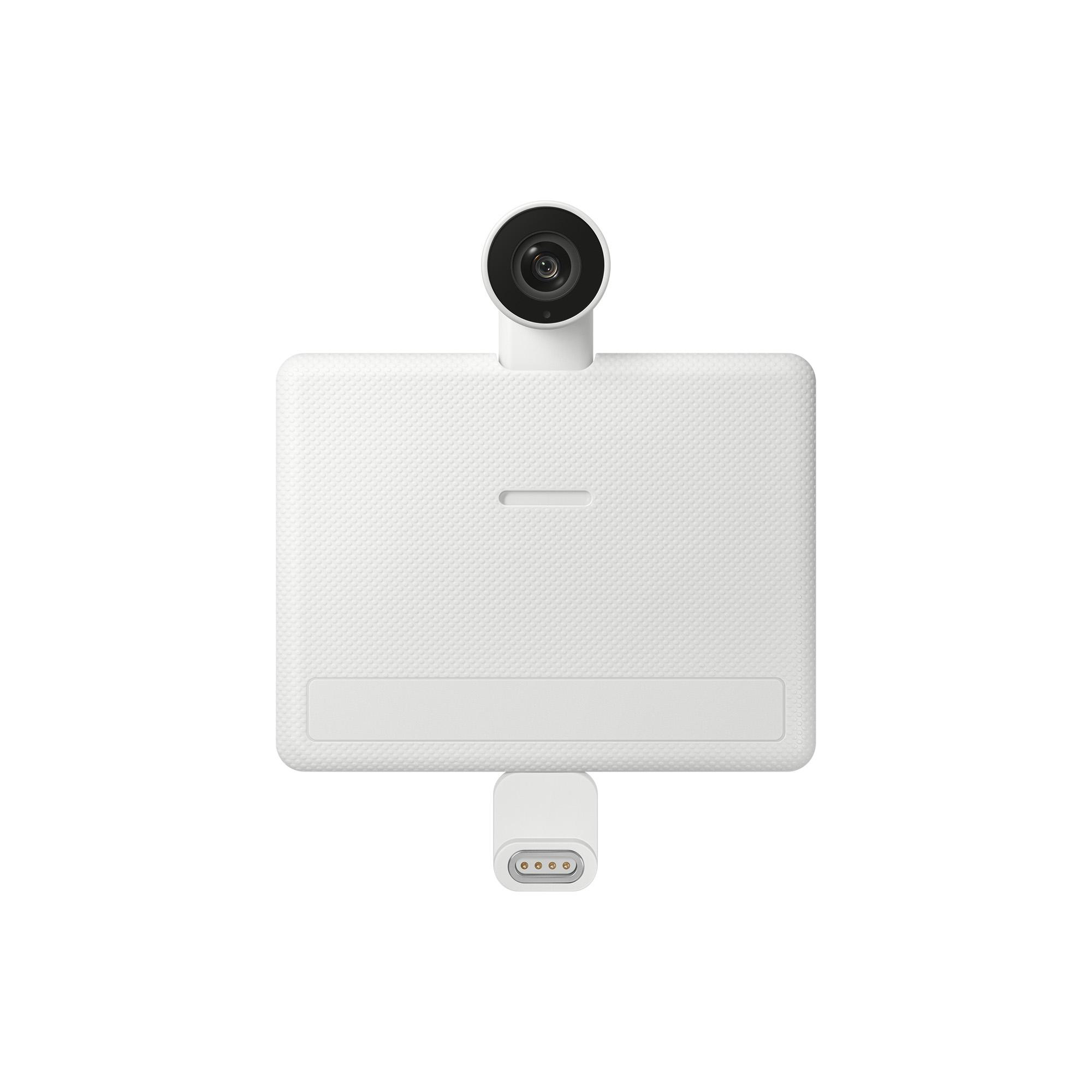 Weiße Webcam mit runder Kameralinse oben auf einem rechteckigen Körper mit Anschluss unten.