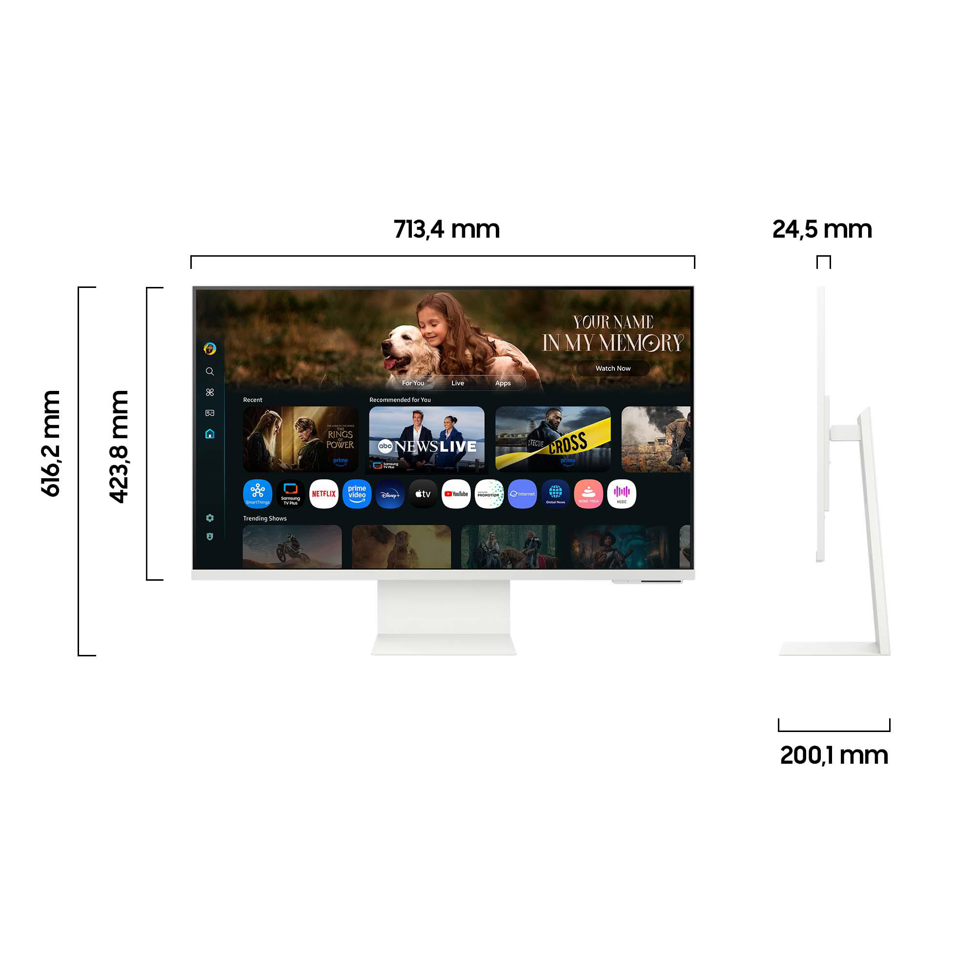 Ein weißer Monitor mit angezeigten Abmessungen. Der Bildschirm zeigt eine TV-Oberfläche mit App-Symbolen und ein Video eines Mädchens mit einem Hund.