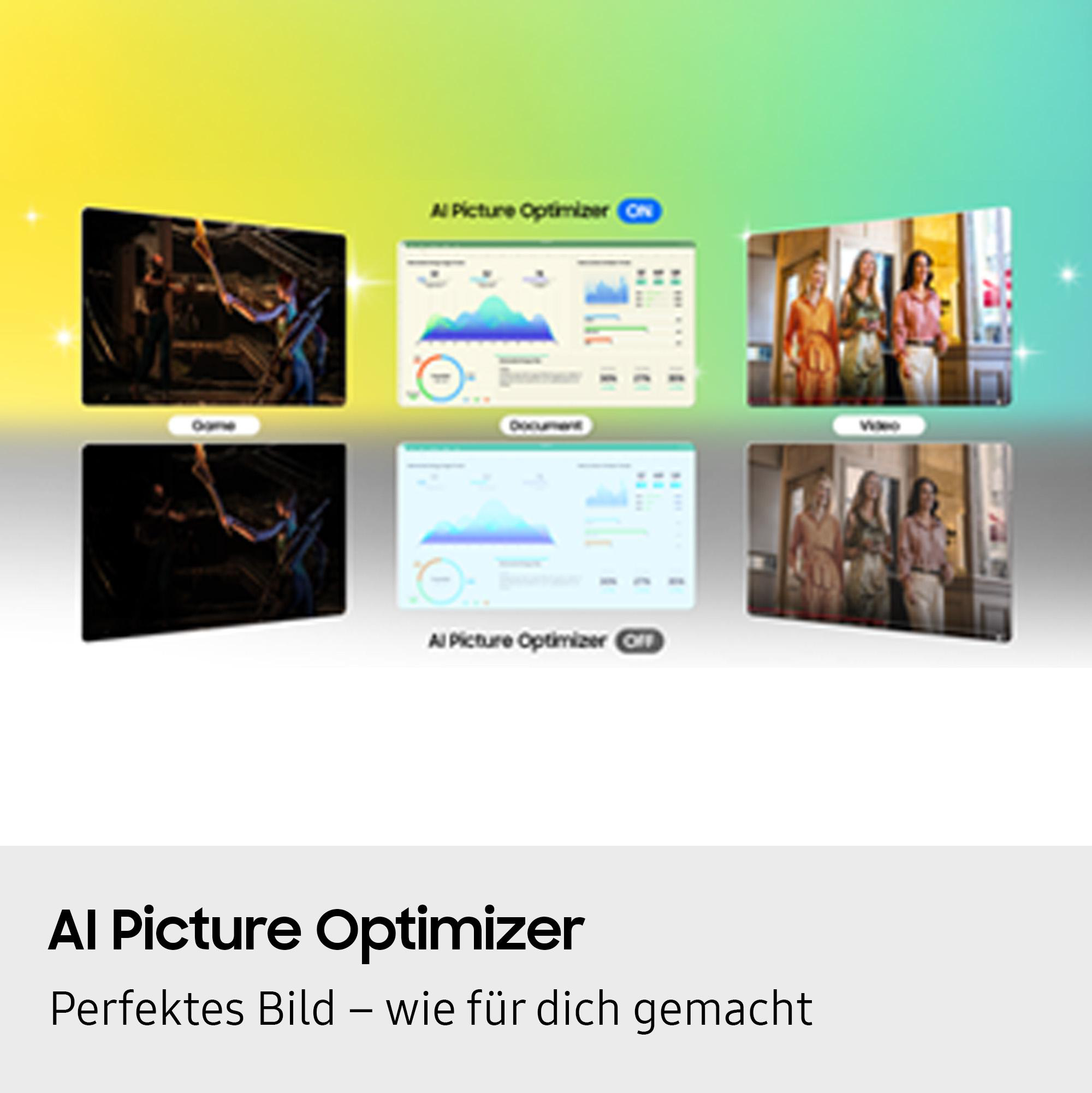 Das Bild zeigt den KI-Bildoptimierer mit Ein- und Aus-Optionen. Zeigt verschiedene Bildeinstellungen für Spiel, Dokument und Video.
