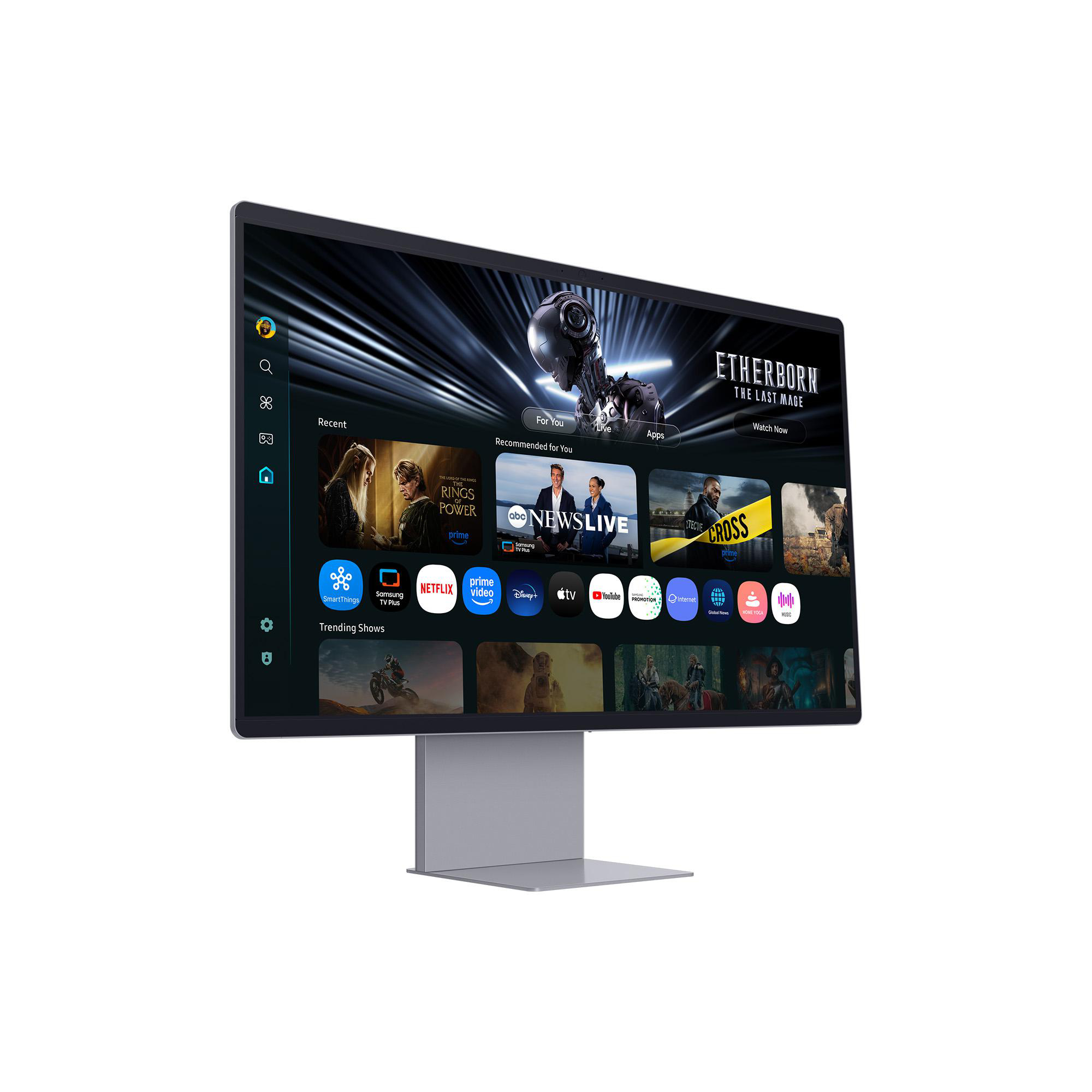 Ein großer Monitor zeigt eine Streaming-Dienst-Oberfläche. Shows und Apps sind sichtbar, mit einem silbernen Ständer.