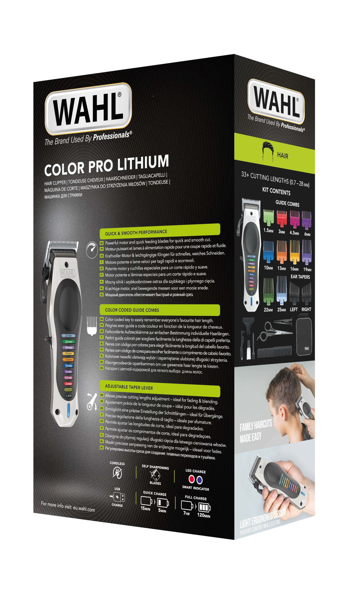 Wahl Color Pro Lithium hajvágó doboz. A hajvágót, a fésűket és olyan funkciókat mutat, mint a vezeték nélküli és a LED töltés.