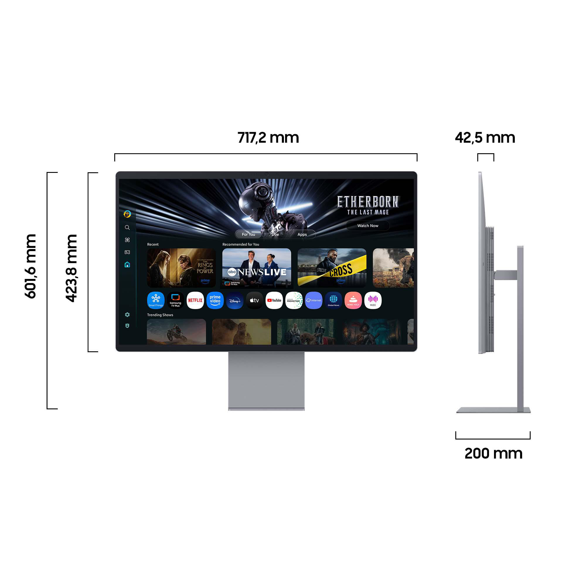 Ein silberner Fernseher auf einem Ständer. Der Bildschirm zeigt Apps und Shows mit Beschriftungen an. Maße: 717,2 mm x 601,6 mm x 42,5 mm.