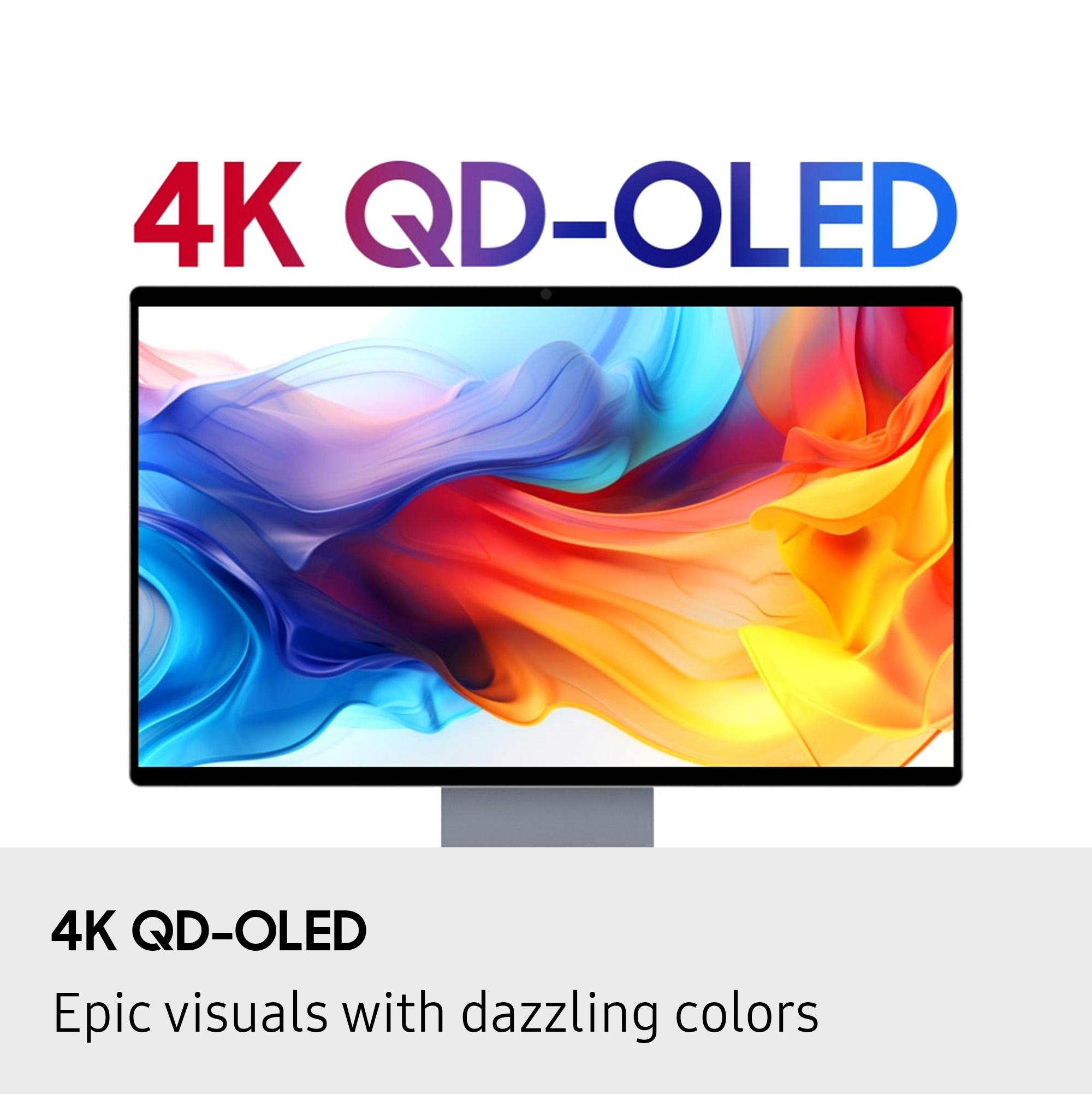 4K QD-OLED-Display mit farbenfrohen, abstrakten Visualisierungen. Text: 4K QD-OLED. Epische Visuals mit schillernden Farben.