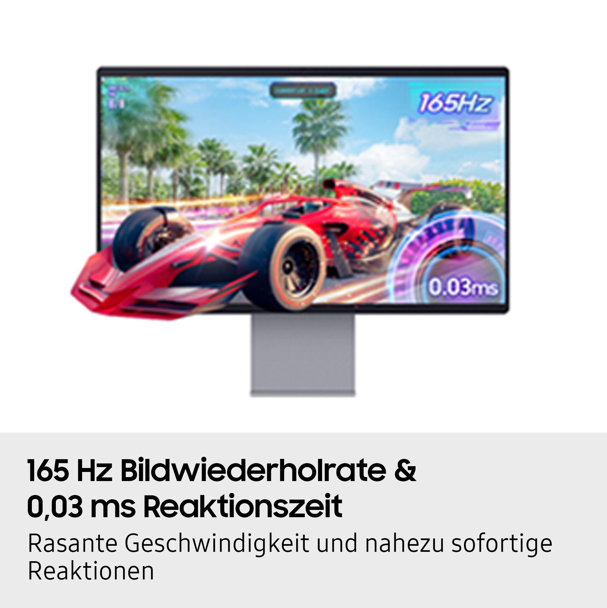 Ein Monitor zeigt ein Rennspiel. Ein rotes Rennauto ist der zentrale Fokus. Der Bildschirm zeigt Palmen und Himmel.