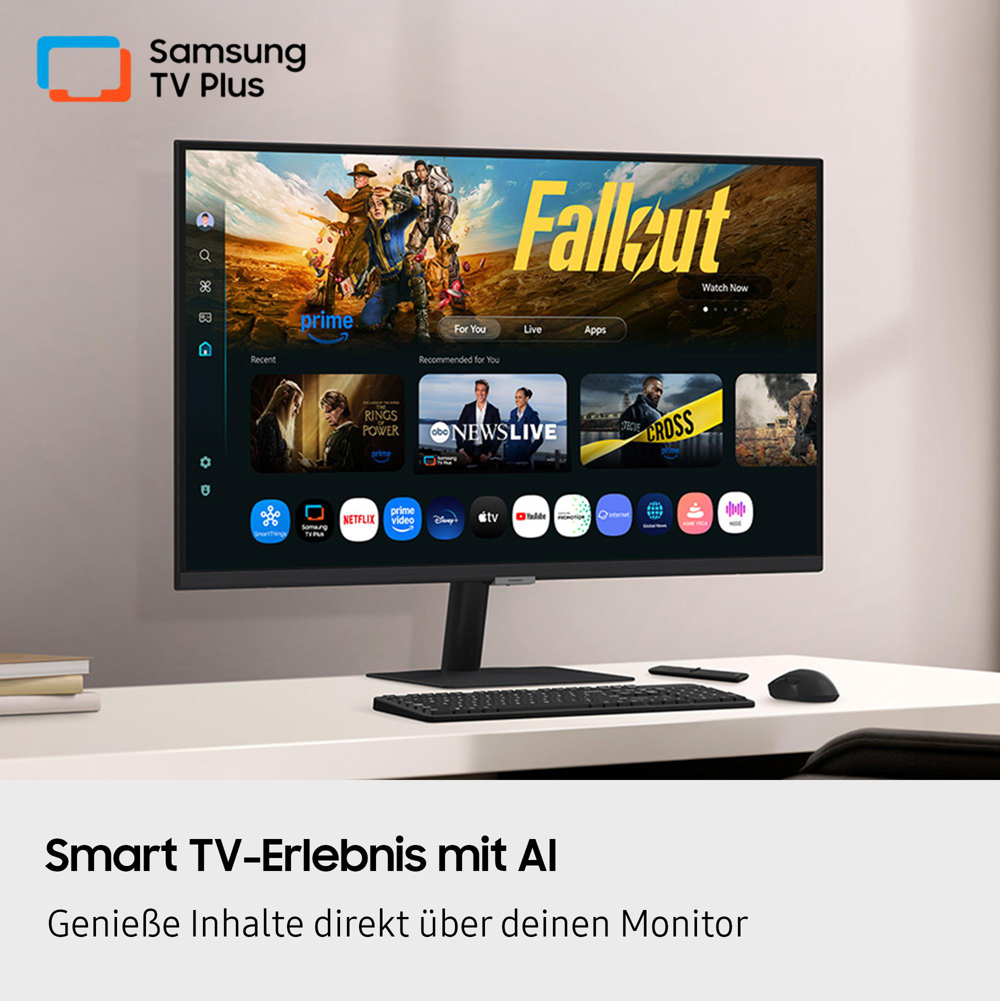 Ein Computermonitor zeigt eine TV-Oberfläche. Zeigt Shows wie Fallout, Prime Video und Netflix. Tastatur und Maus darunter.