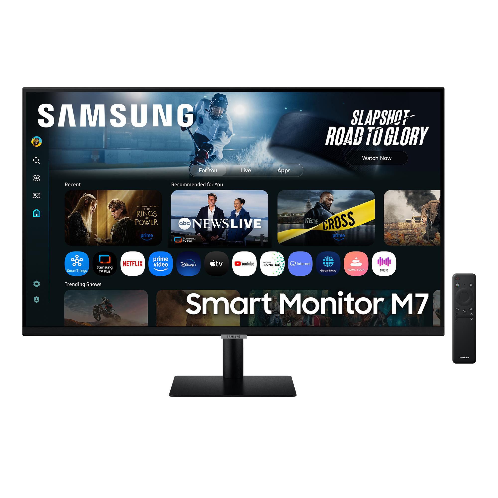 Samsung Smart Monitor M7 mit Eishockeyspiel und Apps. Eine Fernbedienung befindet sich rechts.