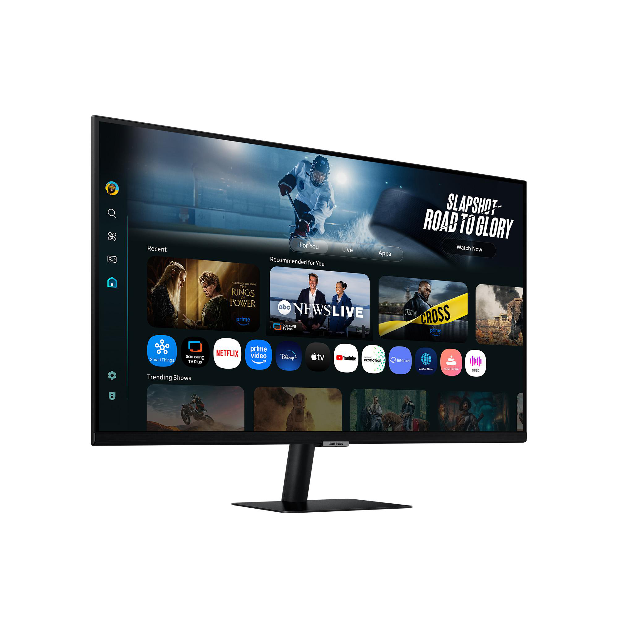 Ein Samsung-Fernseher zeigt ein Hockeyspiel und App-Symbole. Der Bildschirm zeigt den Titel 'Slapshot: Road to Glory' und App-Symbole.