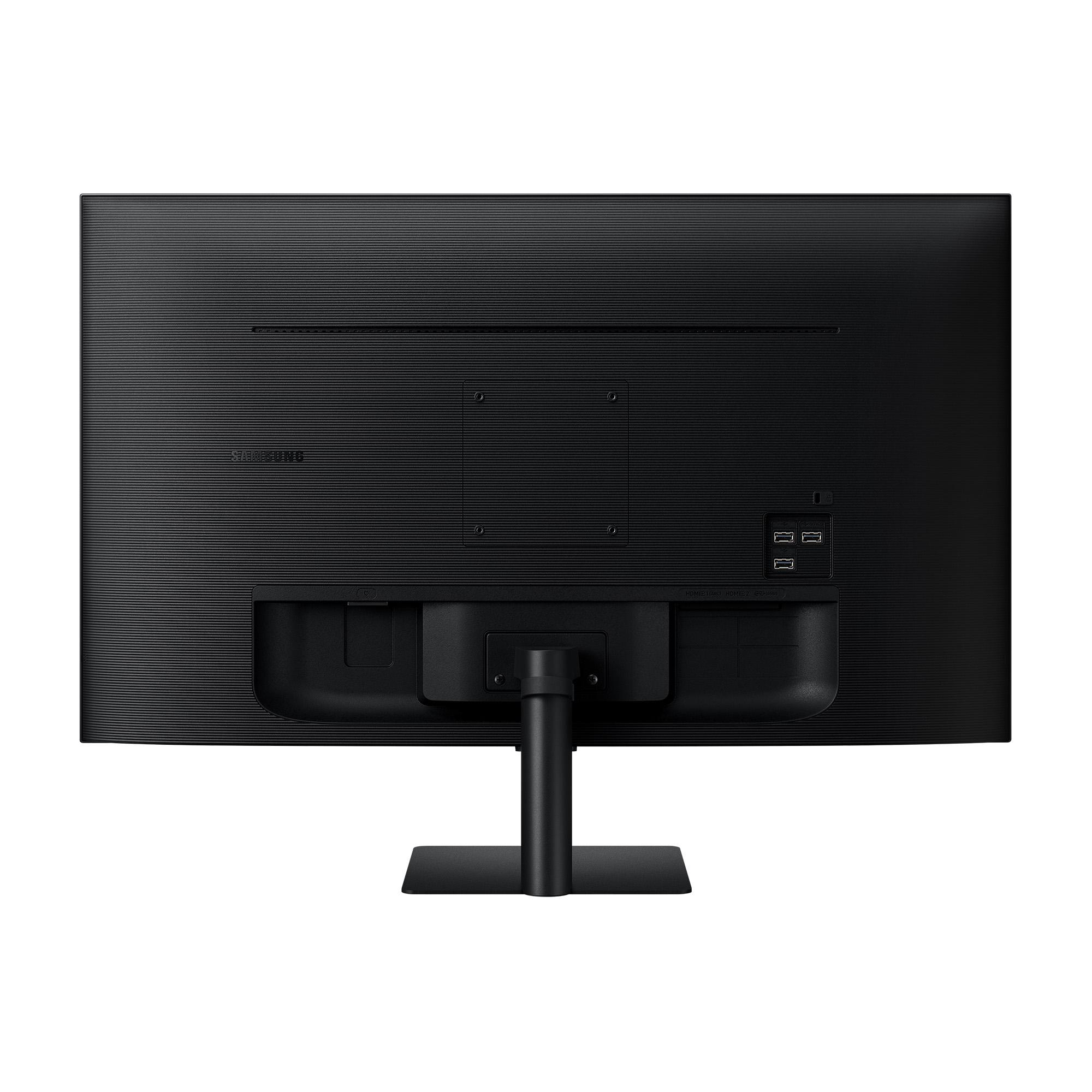 Rückseite eines schwarzen Samsung-Monitors. Er hat Anschlüsse, einen Ständer und das Samsung-Logo. Der Monitor steht auf weißem Hintergrund.
