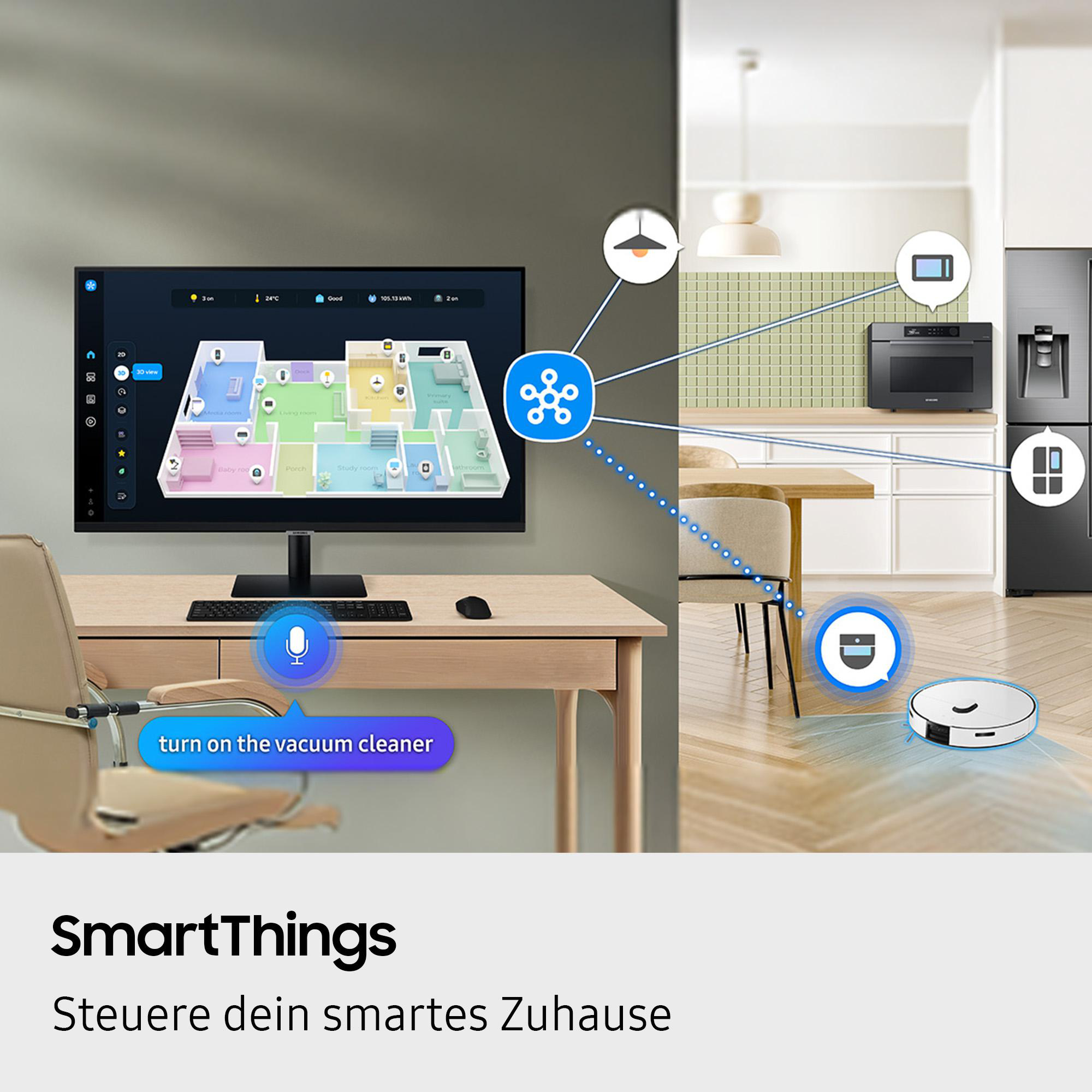 Das Bild zeigt ein Smart-Home-Steuerungssystem. Ein Bildschirm zeigt einen Hausplan. Ein Roboter-Staubsauger ist am Boden.