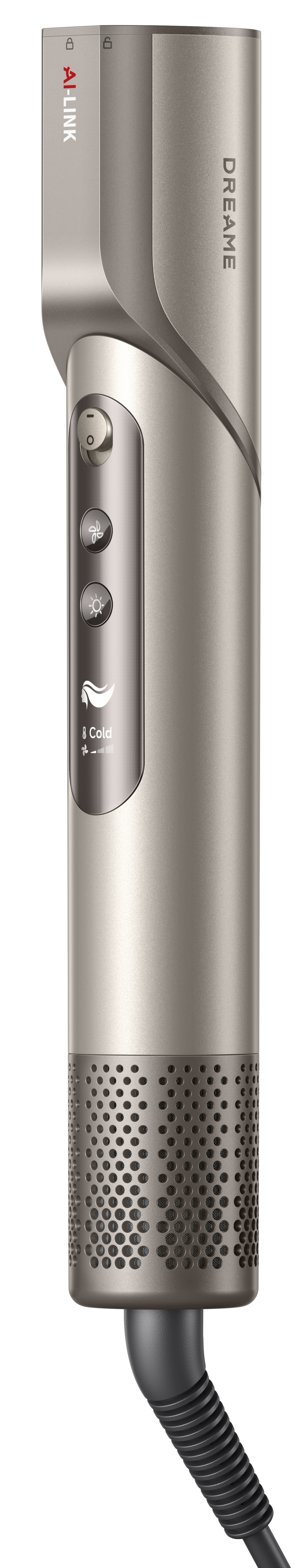 Srebrna suszarka do włosów z przyciskami sterowania i czarnym kablem. Widoczny tekst 'DREAME' i 'A-LINK'.