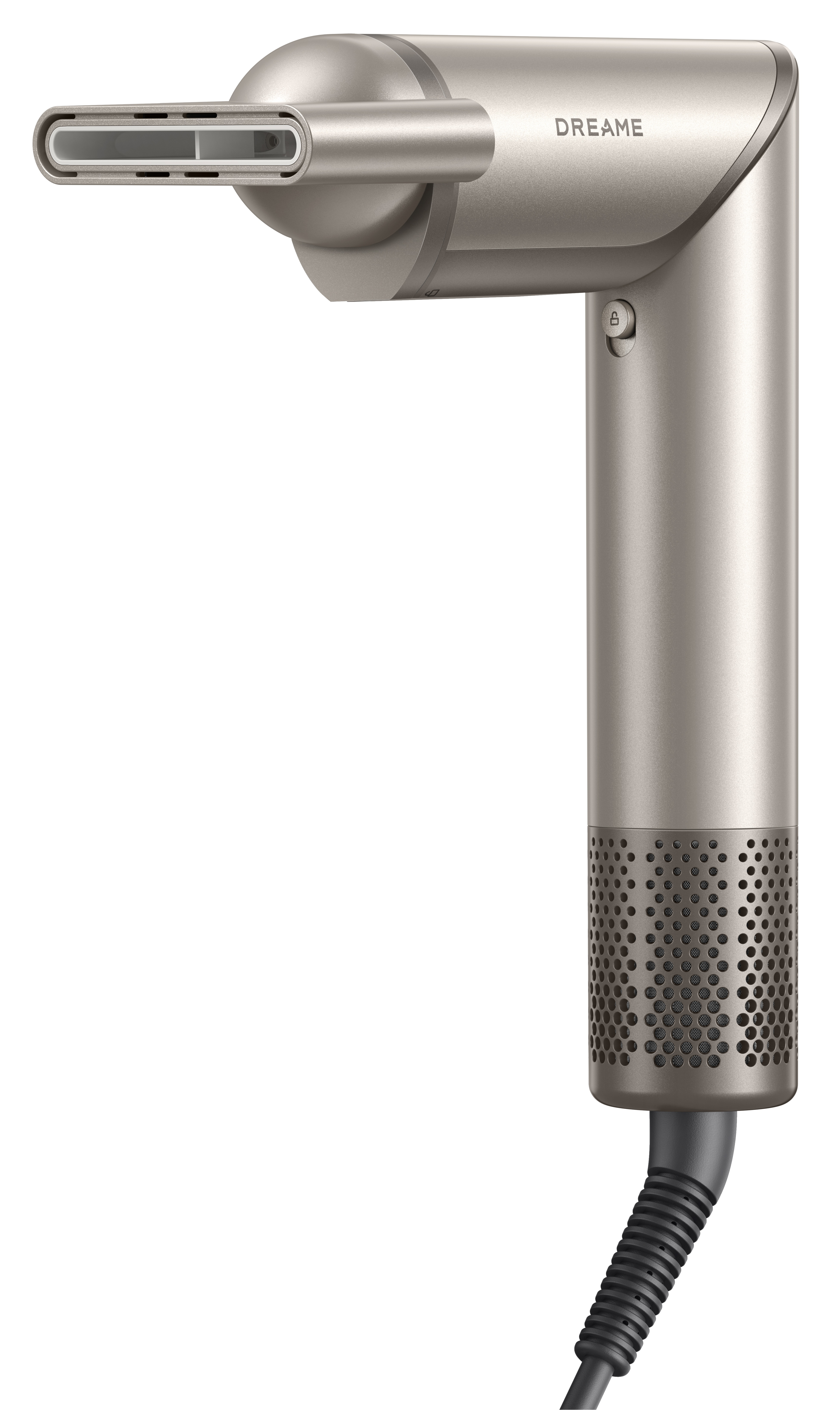 Srebrna suszarka do włosów z marką 'DREAME'. Posiada dyszę, uchwyt z przyciskiem i perforowane dno.