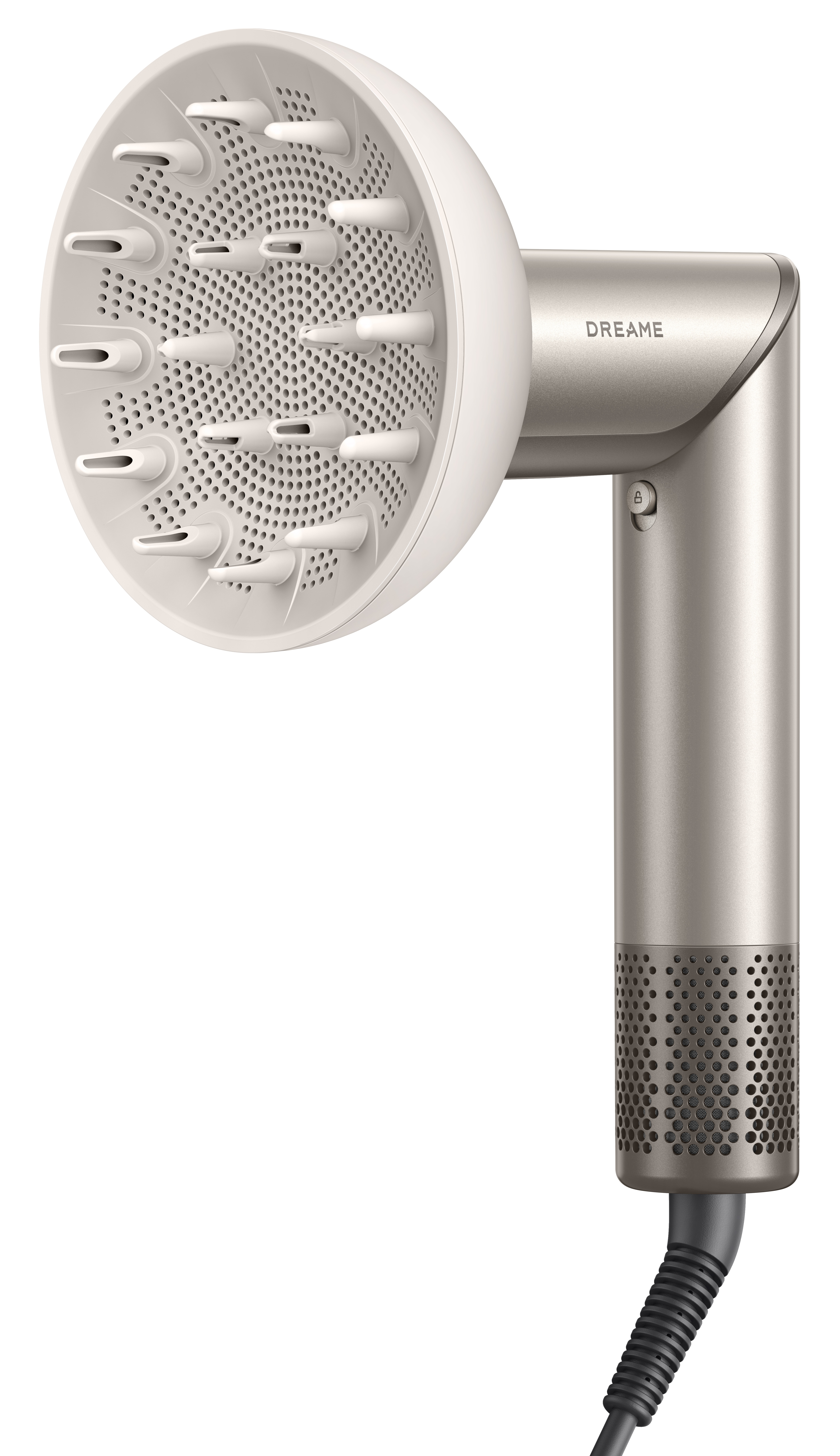 Srebrna suszarka do włosów Dreame z białym dyfuzorem. Ma uchwyt i przewód zasilający.