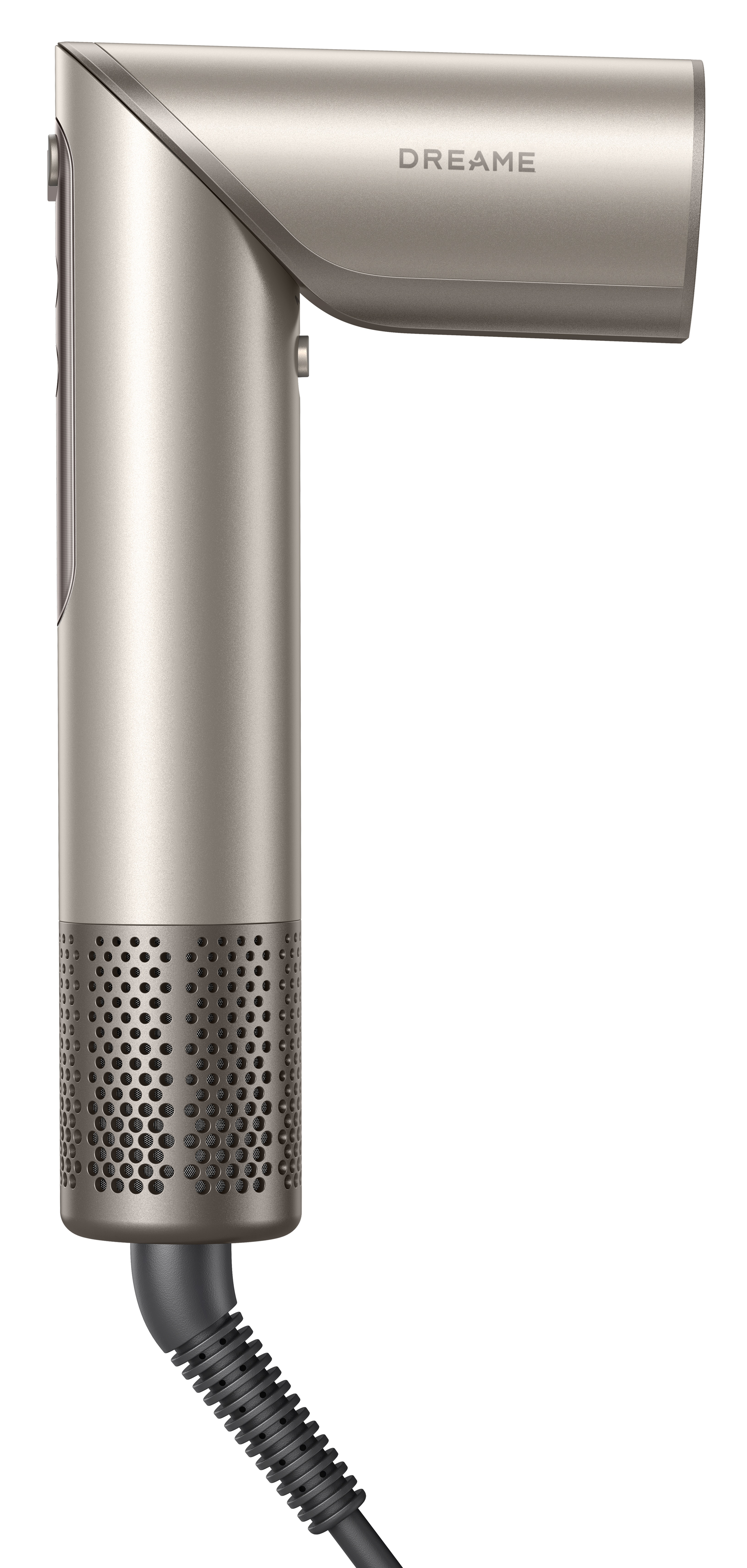 Srebrna suszarka do włosów z marką 'DREAME'. Podstawa ma perforowaną konstrukcję, a czarny przewód wychodzi z niej.