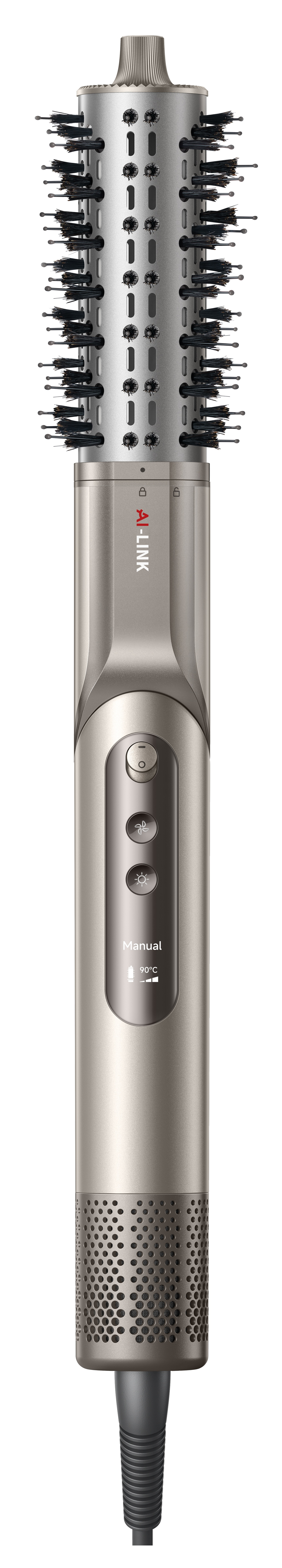 Srebrno-czarna szczotka do stylizacji włosów. Ma cylindryczną głowicę z włosiem, przyciskami i wyświetlaczem cyfrowym. Czarny kabel na dole.