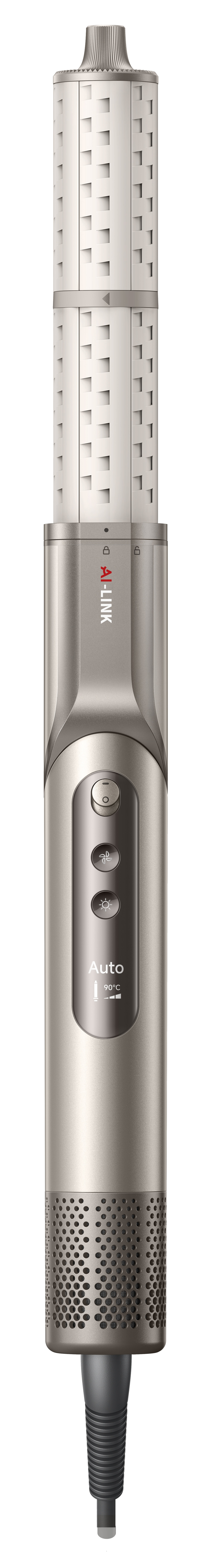 Srebrno-białe narzędzie do stylizacji włosów. Posiada kilka przycisków i wyświetlacz cyfrowy. Jest na białym tle.