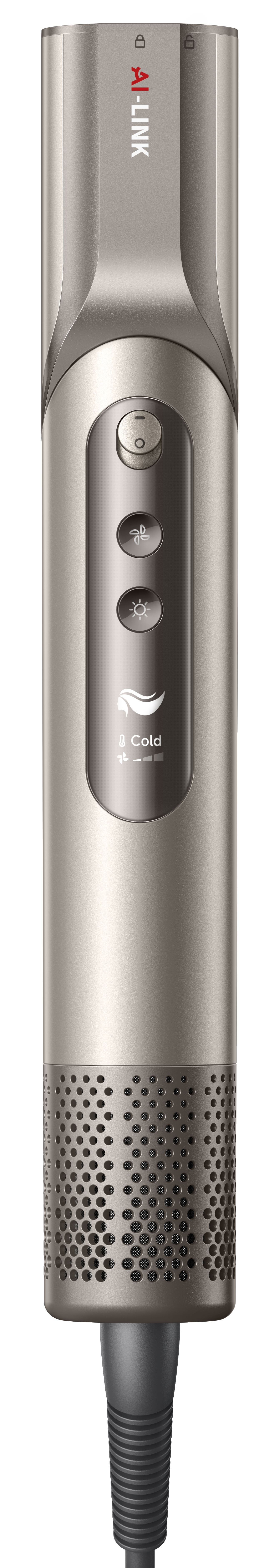 Srebrna suszarka do włosów z przyciskami i ustawieniem zimnego powietrza. Ma perforowaną metalową sekcję i przewód zasilający.