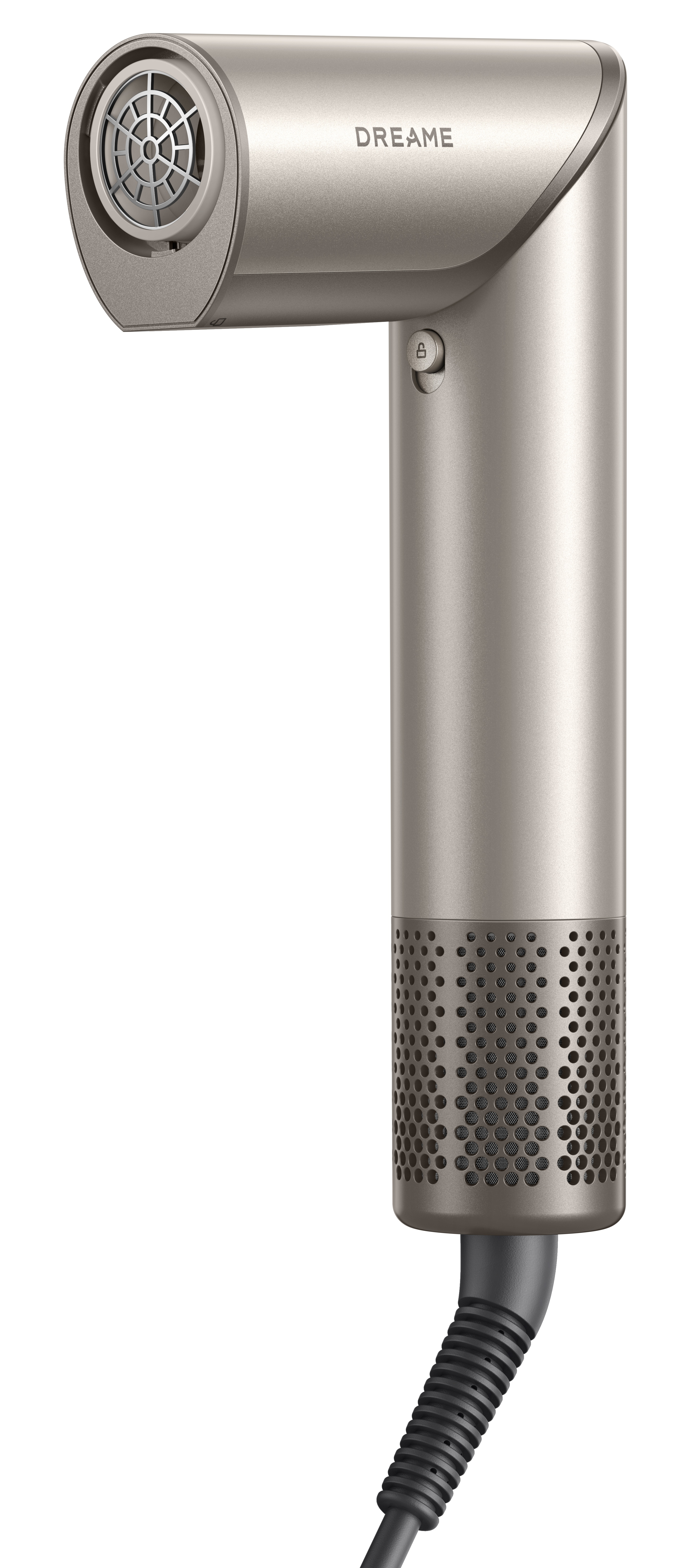 Srebrna suszarka do włosów z marką 'DREAME'. Ma okrągłą dyszę, długi uchwyt i czarny przewód zasilający.