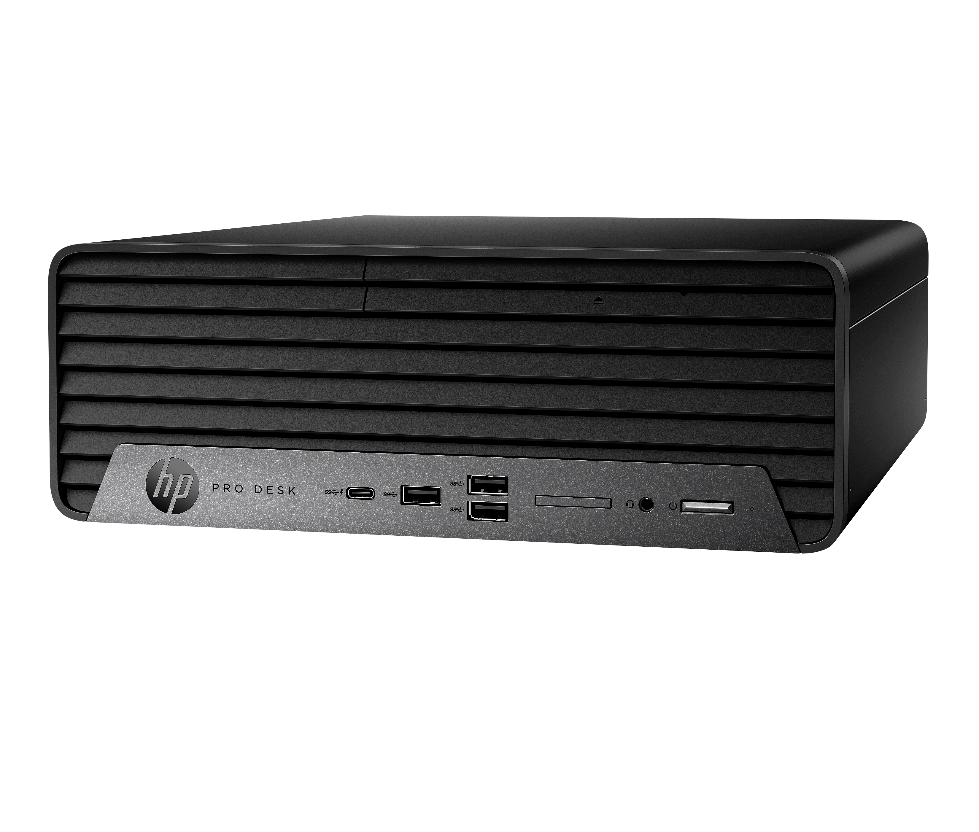 Schwarzer HP ProDesk PC. Die Frontplatte hat Anschlüsse, Steckplätze und das HP-Logo. Das Gehäuse hat horizontale Linien.