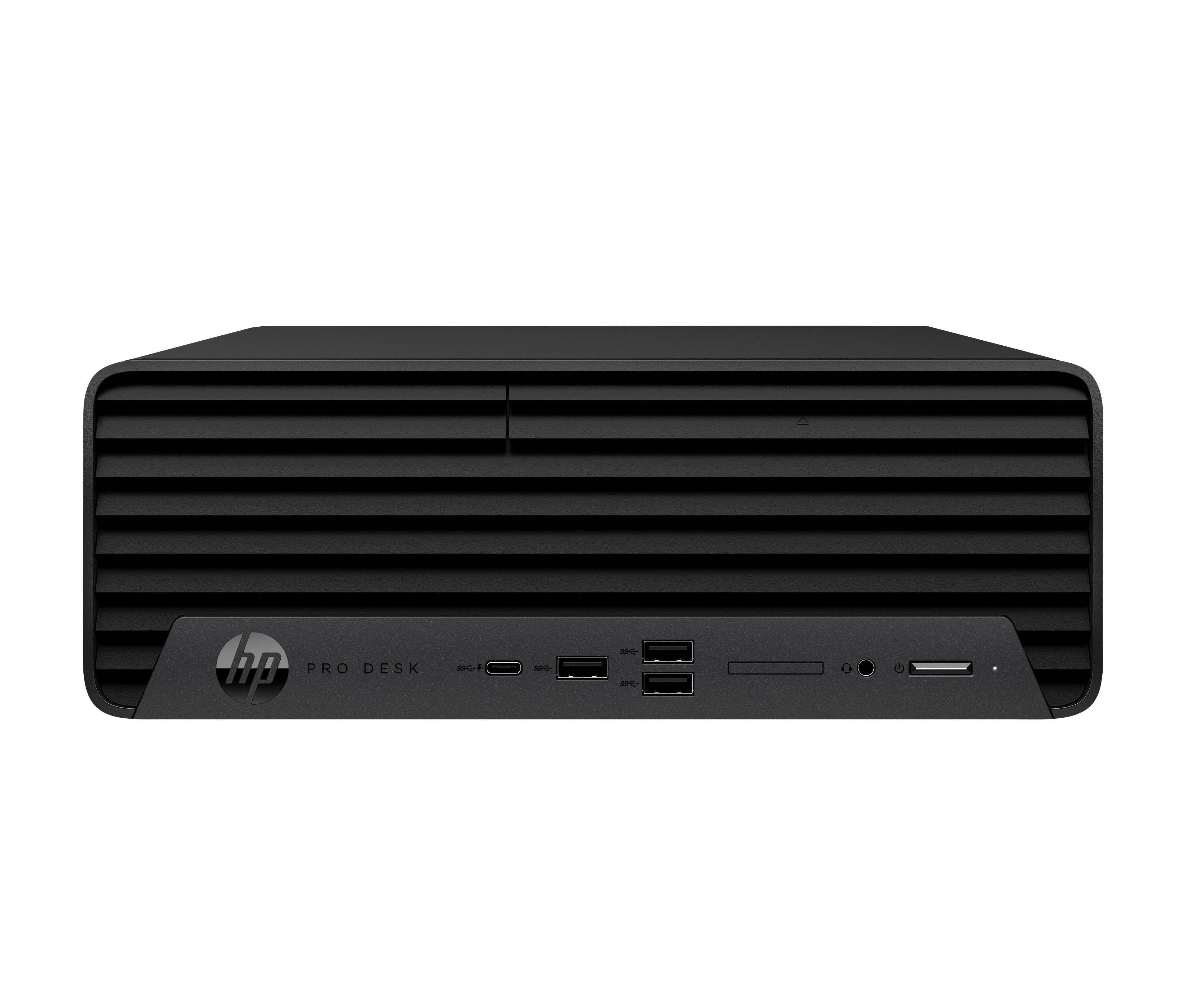 Ein schwarzer HP ProDesk-Computer, Frontansicht, vor schwarzem Hintergrund. Es hat horizontale Linien.