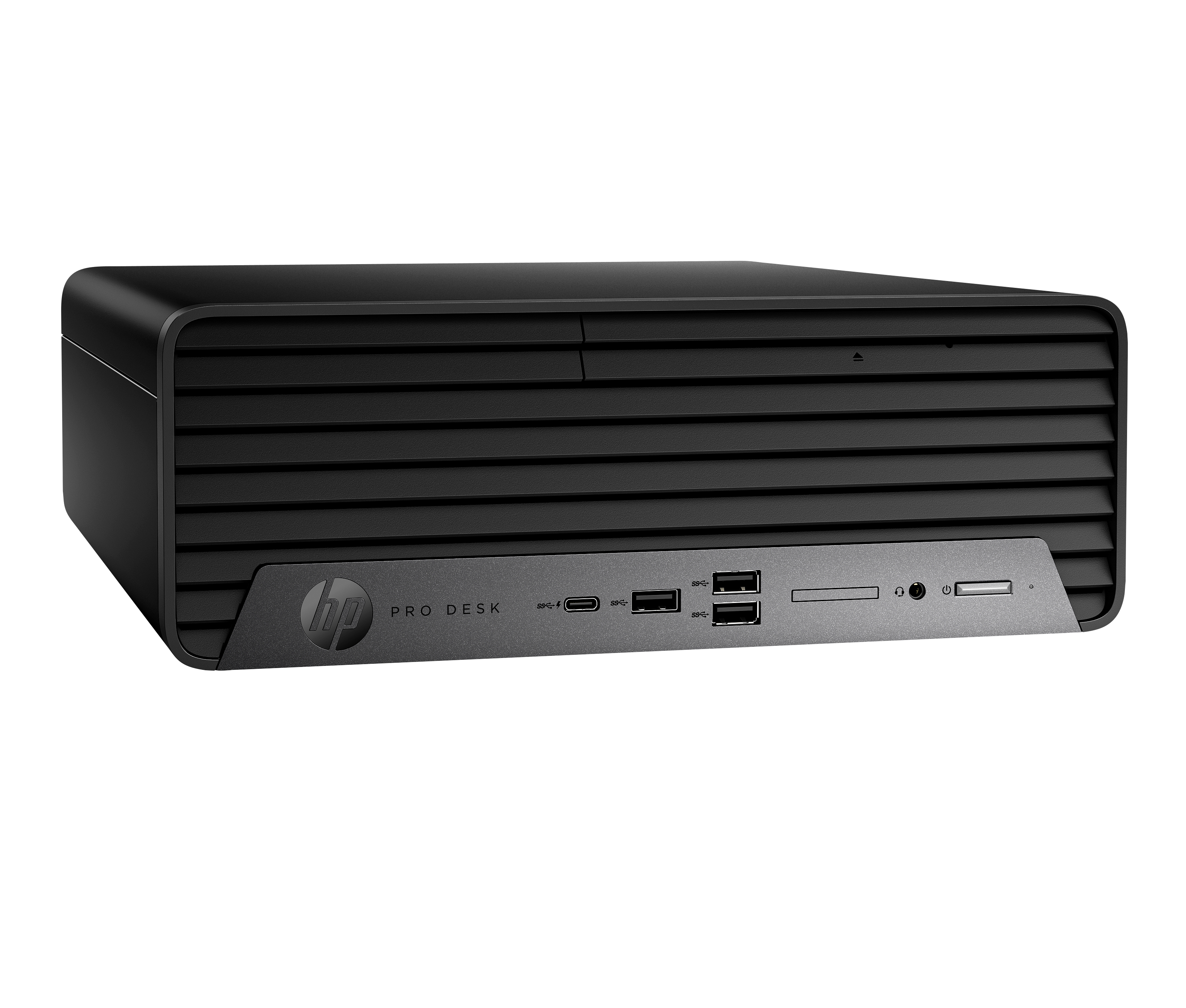 Schwarzer HP ProDesk Desktop-Computer auf schwarzem Hintergrund. Er hat ein horizontales Design mit mehreren Anschlüssen.